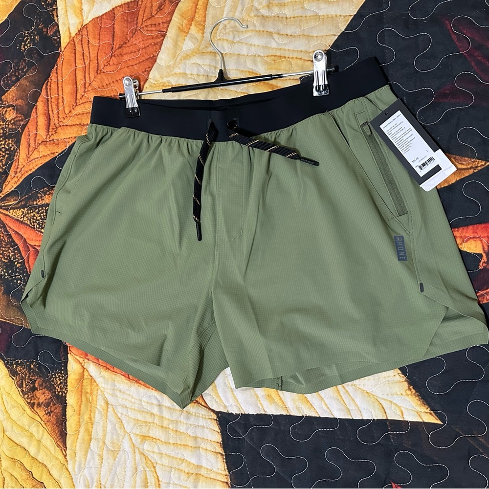 RHONE Olive Green Athletic Shorts with Black Waistband